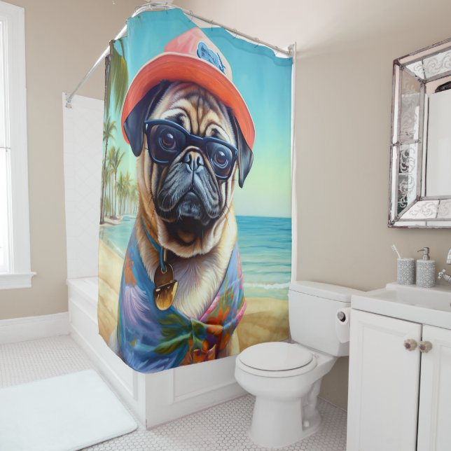 Mops am Strand, Sommergeschenk für Hundefreunde Duschvorhang (Beispiel)