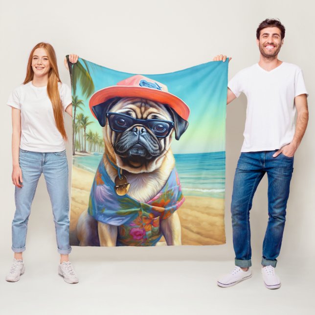 Mops am Strand, Sommergeschenk für Hundefreunde Fleecedecke (Beispiel)