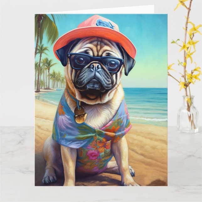 Mops am Strand, Sommergeschenk für Hundefreunde Karte (Gelbe Blume)