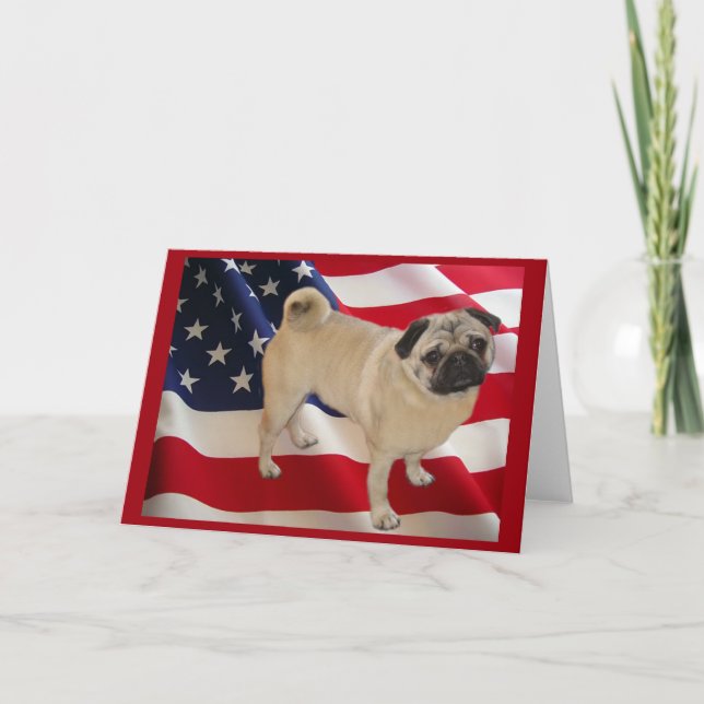 Mops-amerikanische Flaggen-Gruß-Karte Karte (Vorderseite)