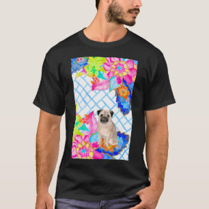 Mops auf Chinoiserie-Tabakblättern Hintergrund T-Shirt