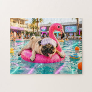 Mops auf rosa Flamingo-Schwimmkörper