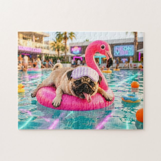 Mops auf rosa Flamingo-Schwimmkörper (Horizontal)