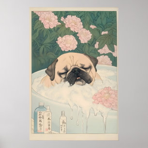 Mops-Badezimmer-Druck Kawaii Japandi Ukiyo-e-Hunde Poster