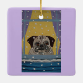 Mops beim Schneefall zusehen Keramikornament