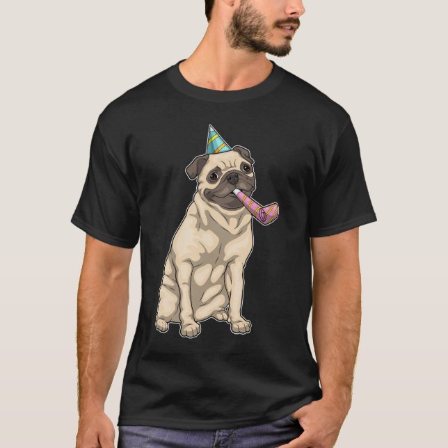 Mops Birthday Horn Party Hut T-Shirt (Vorderseite)