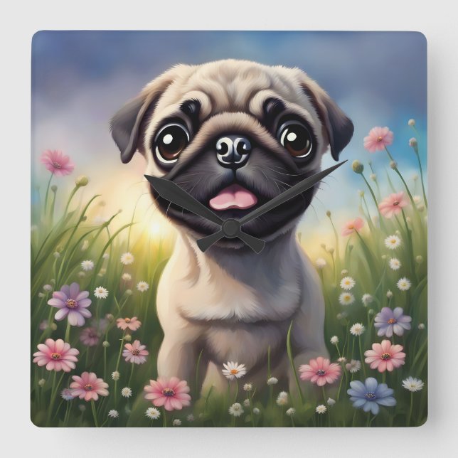 Mops-Blume Quadratische Wanduhr (Vorderseite)