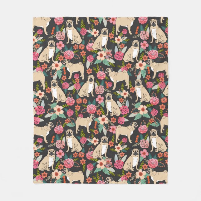Mops-Blumendecke - niedliche Mops-Blumenmuster Fleecedecke (Vorderseite)