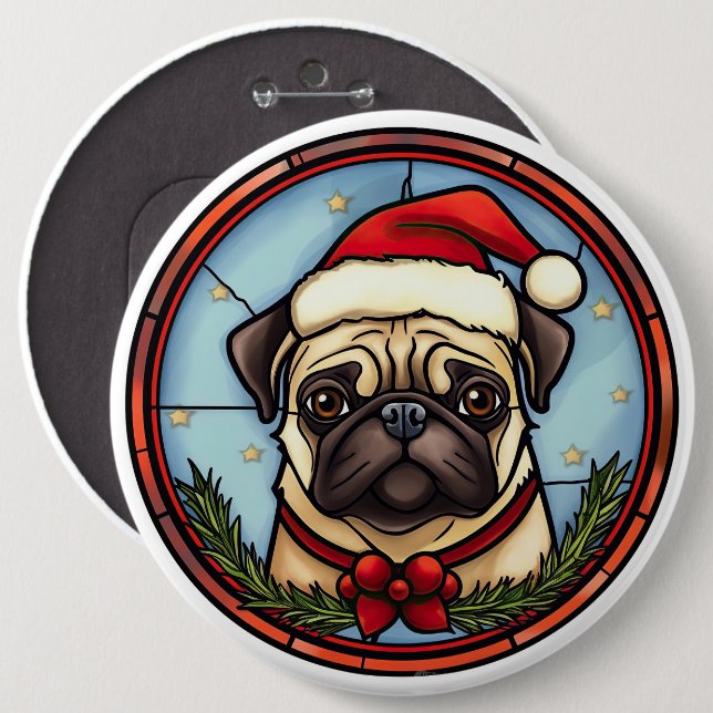 Mops-Buntglas-Weihnachten Button (Vorne & Hinten)