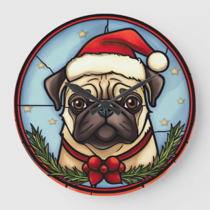 Mops-Buntglas-Weihnachten Große Wanduhr