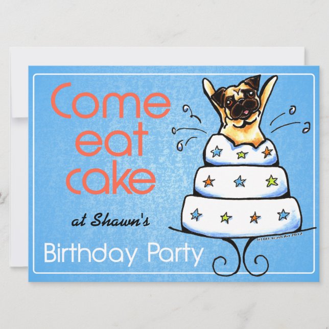 Mops Cake Boy Off-Leash Art™ von Welppy Birthday P Einladung (Vorderseite)