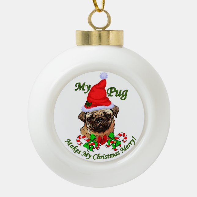 Mops Christmas Merry Keramik Kugel-Ornament (Vorderseite)