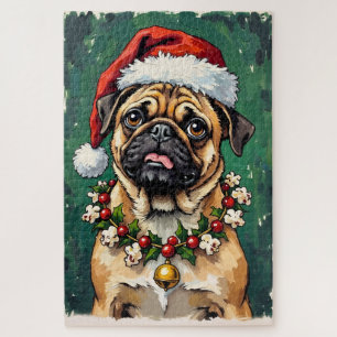 Mops, der den Weihnachtsgirlandenhut isst
