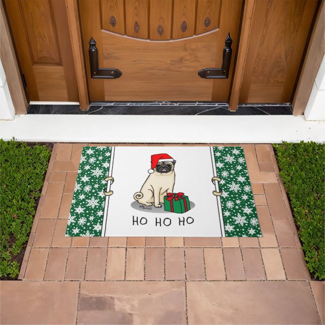 Mops der Weihnachtszeit (helle Weihnachtsmannmütze Fußmatte (Außenbereich)