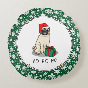 Mops der Weihnachtszeit (helle Weihnachtsmannmütze Rundes Kissen