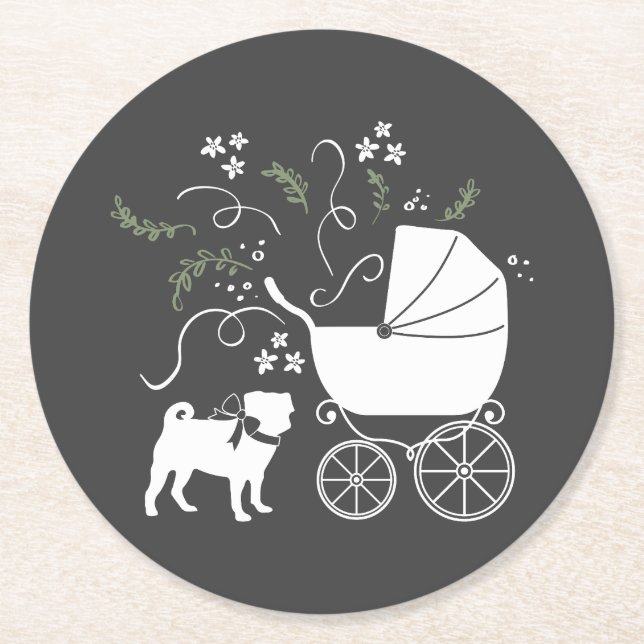 Mops Dog Baby Duwer Thema Welpe Geschlecht Neutral Runder Pappuntersetzer (Vorderseite)