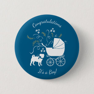 Mops Dog Baby Shower Blue mit Bow Button