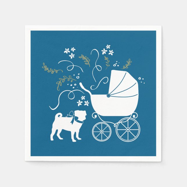 Mops Dog Baby Shower Blue mit Bow Serviette (Vorderseite)