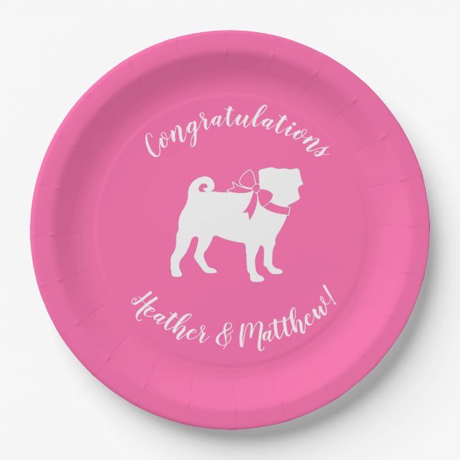 Mops Dog Babydusche Mädchen Pink mit Bow Pappteller (Vorderseite)