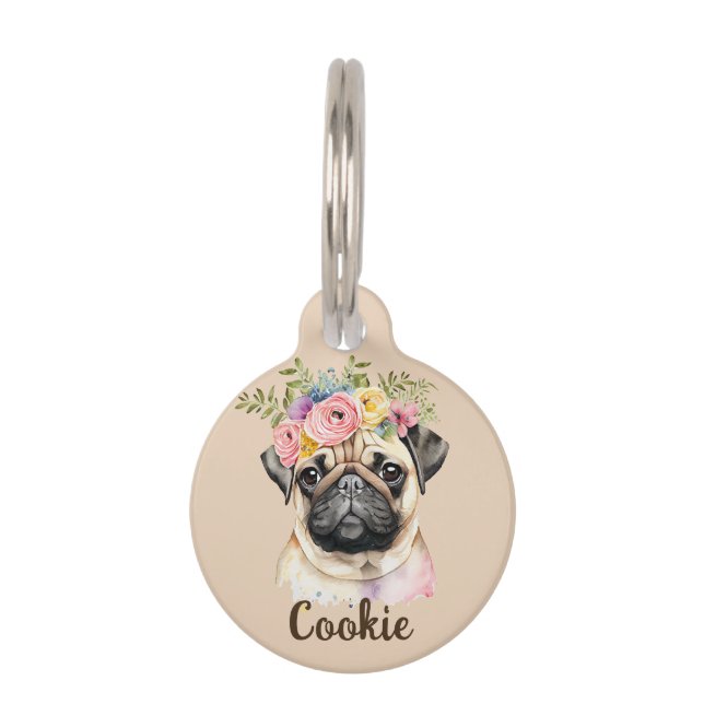 MOPS Dog Blume Aquarellfarben Haustiermarke (Vorderseite)