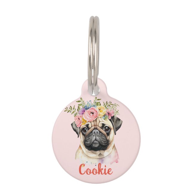 MOPS Dog Blume Aquarellfarben Haustiermarke (Vorderseite)