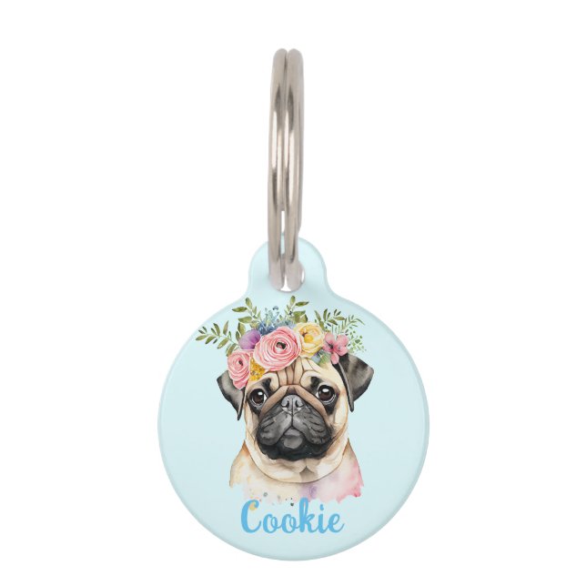 MOPS Dog Blume Aquarellfarben Haustiermarke (Vorderseite)