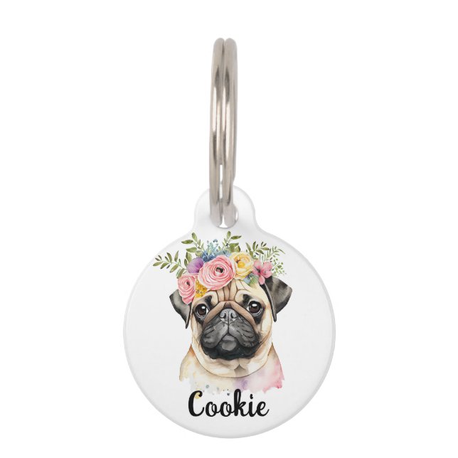 MOPS Dog Blume Aquarellfarben Haustiermarke (Vorderseite)