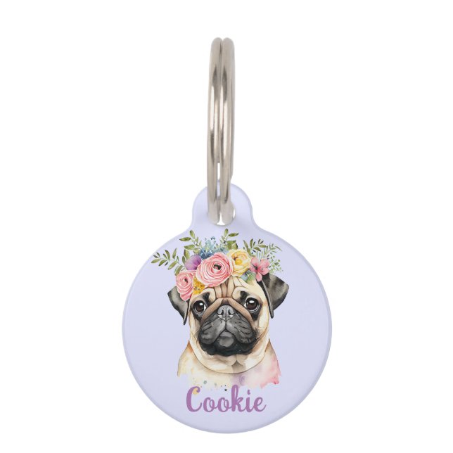 MOPS Dog Blume Aquarellfarben Haustiermarke (Vorderseite)