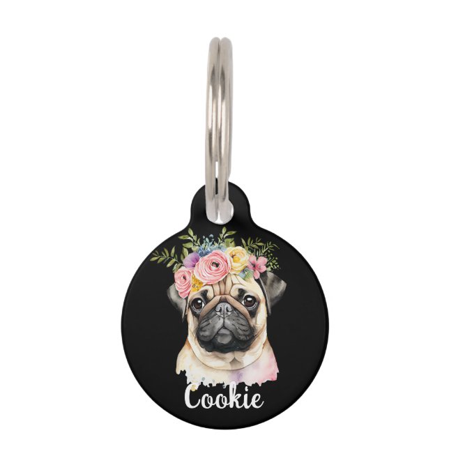 MOPS Dog Blume Aquarellfarben Haustiermarke (Vorderseite)