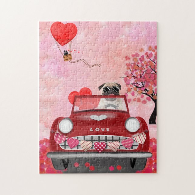 Mops Dog Car mit Herzvalentiner (Vertikal)