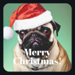 Mops Dog Christmas Quadratischer Aufkleber<br><div class="desc">Niedlicher Mops mit einer Weihnachtsmannmütze.</div>