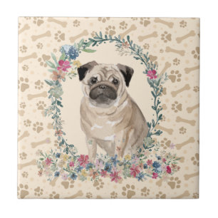 Mops Dog Paw Print Floral Niedlich Beige Fliese