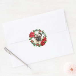 Mops Dog Poinsettia Holly Weihnachtskranz Runder Aufkleber