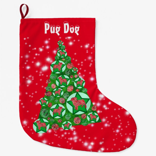 Mops Dog Silhouette Weihnachten Big Tree Großer Weihnachtsstrumpf (Vorderseite)