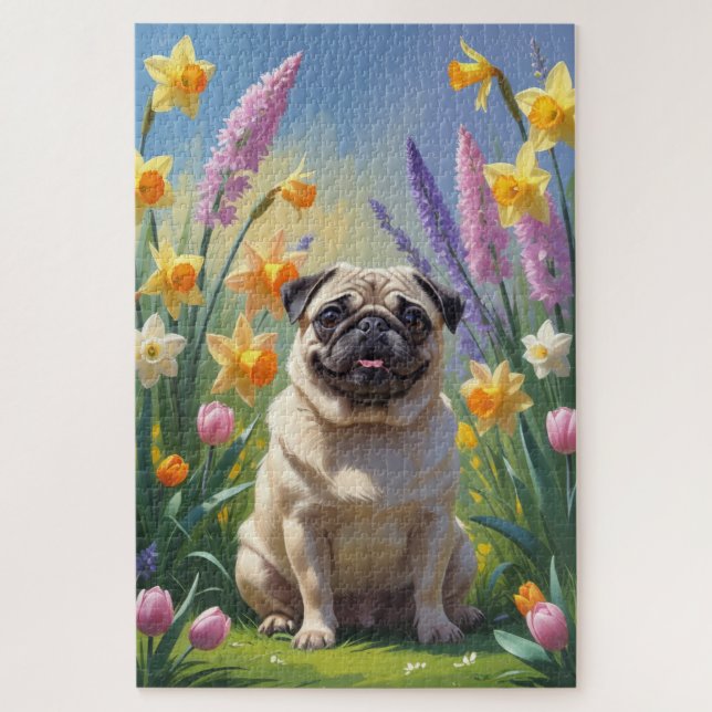 Mops Dog Spring Blumen Malerei (Vertikal)