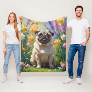 Mops Dog Spring Blumen Malerei Fleecedecke