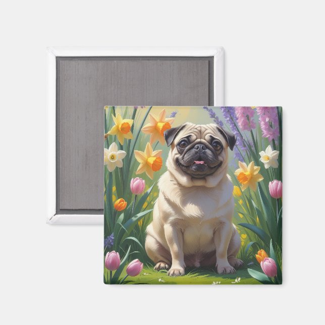 Mops Dog Spring Blumen Malerei Magnet (Vorderseite/Rückseite)