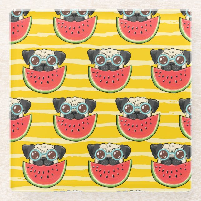 Mops Dog Watermelon: Sommer nahtlos. Glasuntersetzer (Vorderseite)