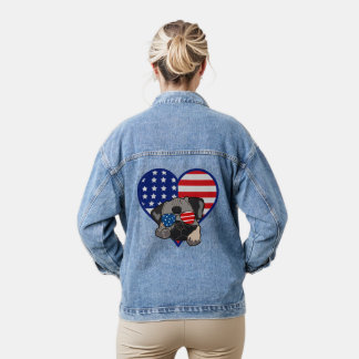 Mops Dog Wearing Sonnenbrille USA Flag Herz Womens Jeansjacke