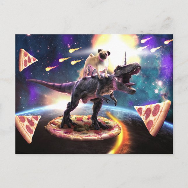 Mops fahren Dinosaurier Einhorn im Weltraum Postkarte (Vorderseite)