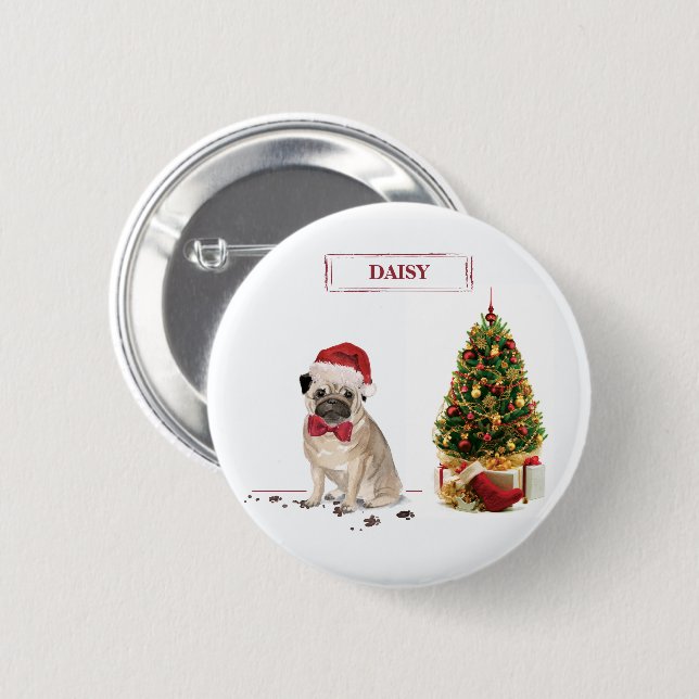 Mops Funny Christmas Dog mit Baum Button (Vorne & Hinten)