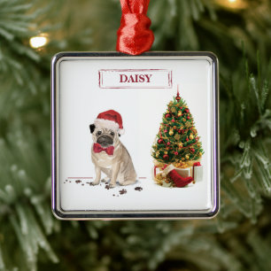 Mops Funny Christmas Dog mit Baum Ornament Aus Metall