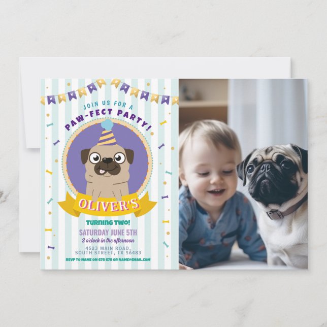 Mops Geburtstag Doggy Party Dog Confetti Blue Einladung (Vorderseite)