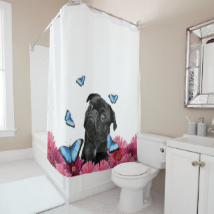 Mops Gerbera Butterflies   Niedlicher Schwarzhund Duschvorhang