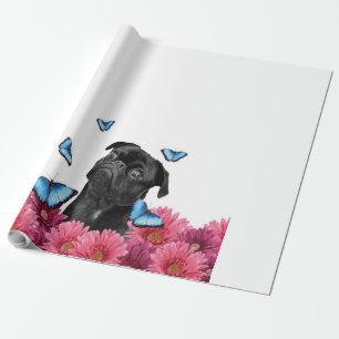 Mops Gerbera Butterflies Niedlicher Schwarzhund Geschenkpapier