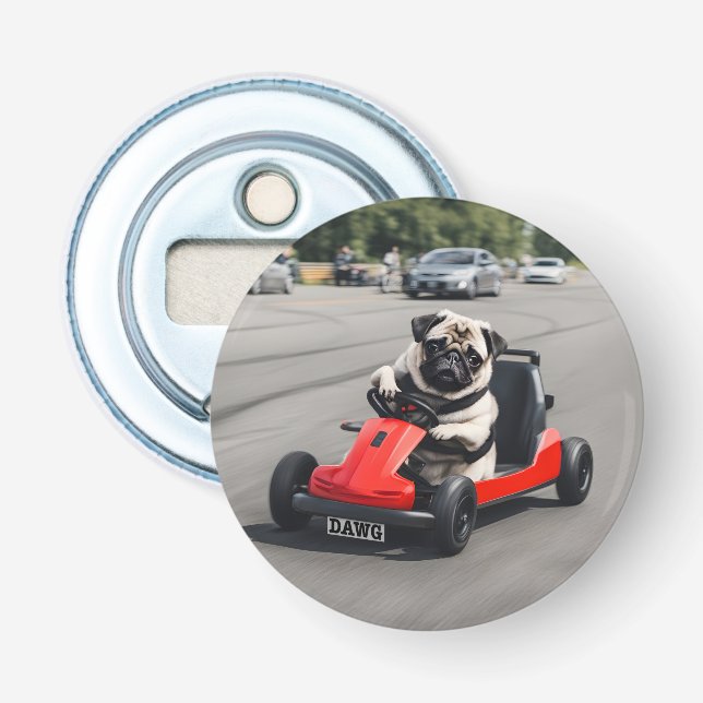 Mops-Go-Kart-Rennen Flaschenöffner (Vorderseite)