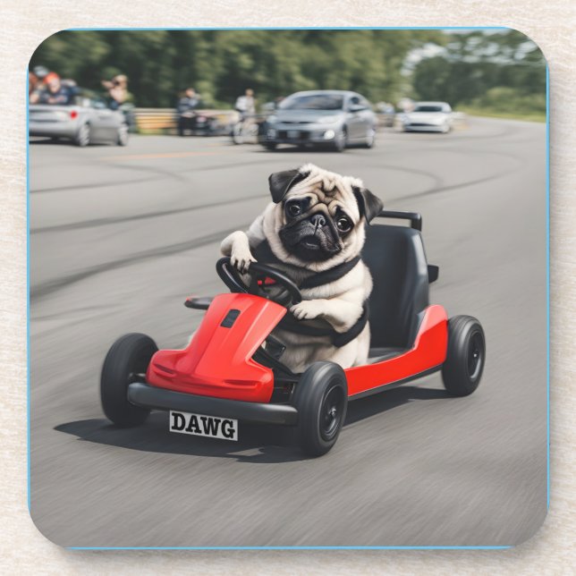 Mops-Go-Kart-Rennen Getränkeuntersetzer (Vorderseite)