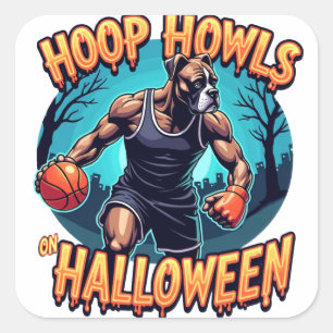 Mops Halloween-Basketball-Showdown Quadratischer Aufkleber