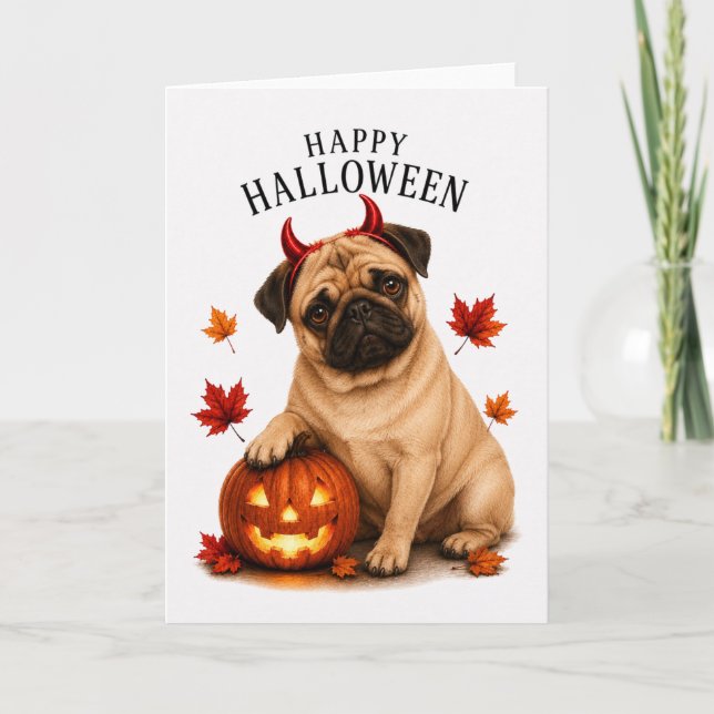 Mops-Halloween-Teufelshund Karte (Vorderseite)
