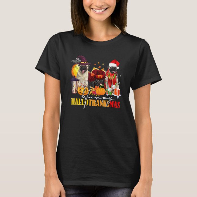 Mops Happy Hallothanksmas Halloween Erntedank Ch T-Shirt (Vorderseite)
